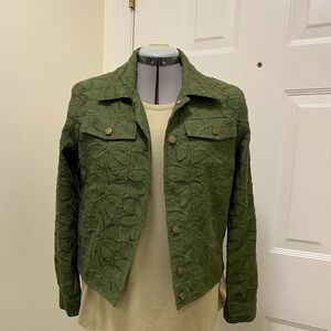 PL Silk Land green floral embroidered collared fully lined silk jacket blazer